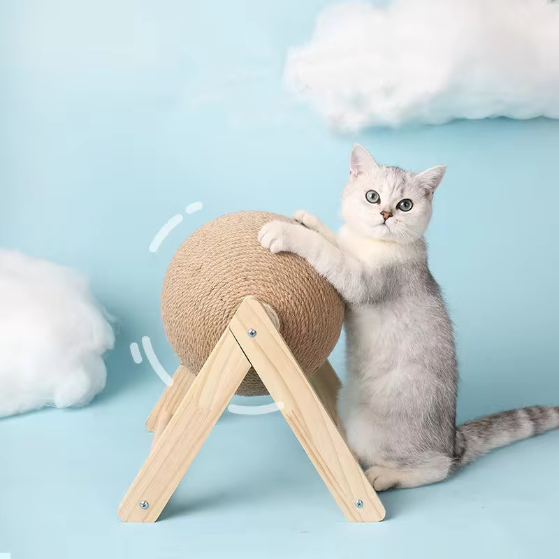 Cat Sisal Scratch Ball — Solid Wood Base, V or L Shape
