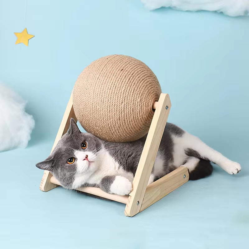 Cat Sisal Scratch Ball — Solid Wood Base, V or L Shape